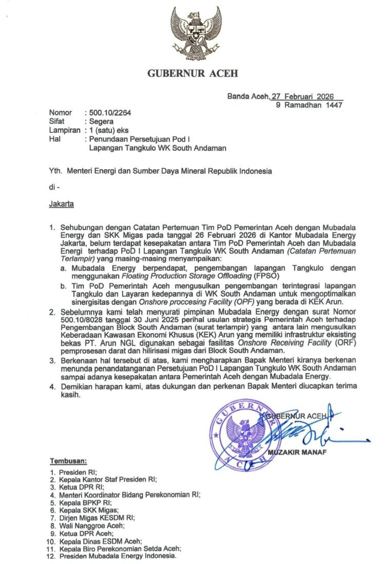 Pemerintah Aceh Surati Menteri ESDM, Perjuangkan Pengolahan Gas Tangkulo Blok Andaman di Wilayah Darat