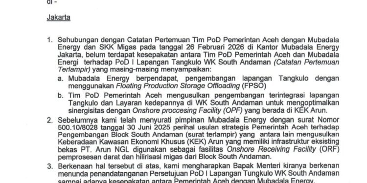 Pemerintah Aceh Surati Menteri ESDM, Perjuangkan Pengolahan Gas Tangkulo Blok Andaman di Wilayah Darat