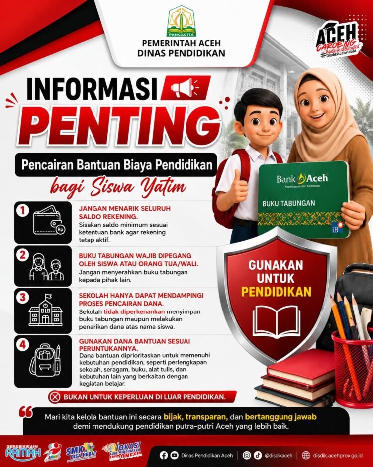 Dinas Pendidikan Aceh Ingatkan Penerima Bantuan Pendidikan Yatim Gunakan Dana Sesuai Peruntukan