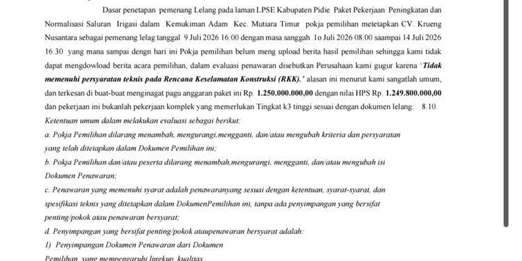 Proses Lelang Proyek Irigasi di Pidie Diduga Bermasalah, Berita Acara Hasil Pemilihan Tidak Diunggah